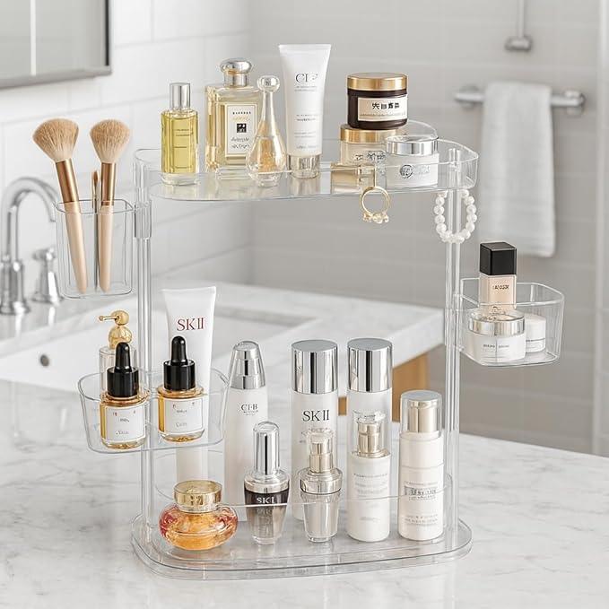 ACRYDECOR Clear Acrylic Makeup Organizer, Multi-Tier Cosmetic Storage Rack with Side Containers, Large Capacity Skincare Holder for Bathroom Counter, Vanity & Desk - ModernBath