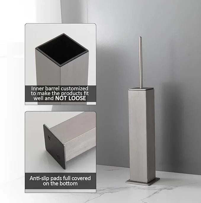 BGL Toilet Brush with Holder Set Brushed Nickel Aluminium Standing for Bathroom Toilet Bowl Cleaner Brush and Holder Set, Square Design - ModernBath