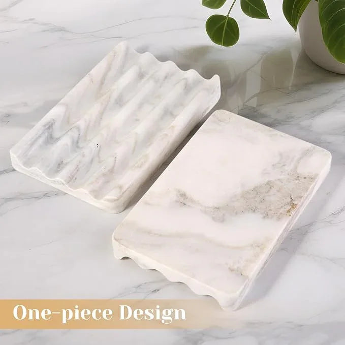 2PCS Koville Italian Natural Marble Soap Dish for Shower, Multi-Color Stone Soap Tray for Bathroom, Bar Soap Holder for Sink, Stripe Grooves Soap Saver Sponge Holder (White/Brown Random) - ModernBath