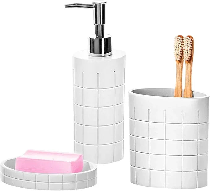 Creative Scents Polar White Bathroom Accessories Set with Trash Can - 6 Piece Bathroom Set Features: Waste Basket, Tissue Cover, Soap Dispenser, Toothbrush Holder, Tumbler and Soap Dish - ModernBath