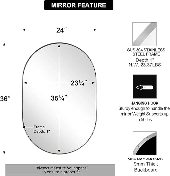 ANDY STAR Brushed Nickel Oval Bathroom Mirror, 24x36 Nickel Pill-Shaped Mirror, Oval Mirrors Wall-Mounted Mirror Vertical/Horizontal - ModernBath