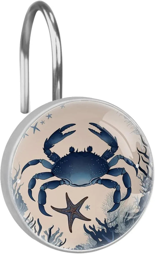 Retro Ocean Crab Shower Curtain Hooks, 12Pcs Decorative Rust Resistant Shower Rings for Shower Curtain Rods, Stainless Steel Round Curtain Hooks for Bathroom, Bedroom - ModernBath