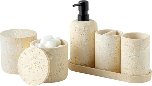 WUUAHOME Bathroom Accessories Set, Travertine Stone-Look, 6 PCS Bathroom Accessory Set with Soap Dispenser, Toothbrush Holder, Tumbler, Vanity Tray, Cotton Swab Jars for Countertop (Yellow) - ModernBath
