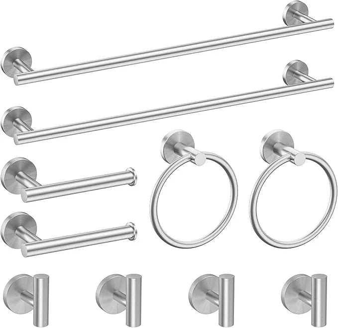 10-Pieces Bathroom Hardware Set, Includes 24 Inch Towel Racks for Bathroom Wall Mounted, Toilet Paper Holder, Towel Hooks for Bathrooms, Towel Rings for Bathroom Wall (Brushed Nickel) - ModernBath
