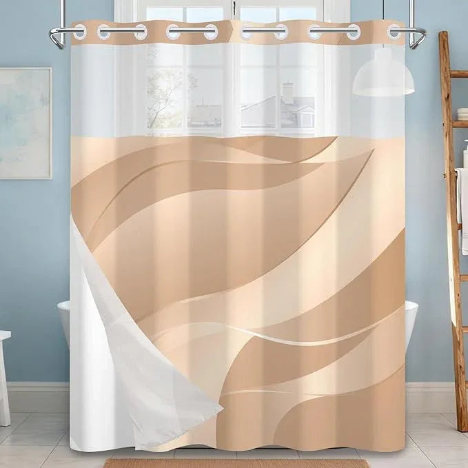 NAEMBCU No Hook Geometric Shower Curtain with Snap-in Liner, Beige Gold Curves Texture Bath Curtain with See Through Top, Waterproof Double Layer for Bathroom Decor, 71 x 74 Inch - ModernBath