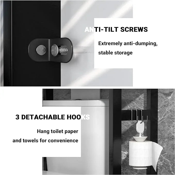 Homykic Bamboo Over The Toilet Storage Shelf, 3-Tier Above Toilet Storage Organizer Rack with 3 Hooks, Freestanding Bathroom Tower Shelf Unit for Small Space, No Rust, Easy to Assemble, Black - ModernBath