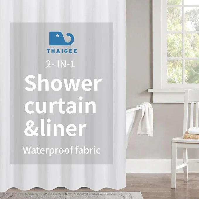 THAIGEE 2-in-1 Waterproof Fabric Shower Curtain or Liner,Linen Textured,Breathable TPU & Washable Bathroom Shower Curtain Set with 12 Plastic Hooks,72"x72",White - ModernBath