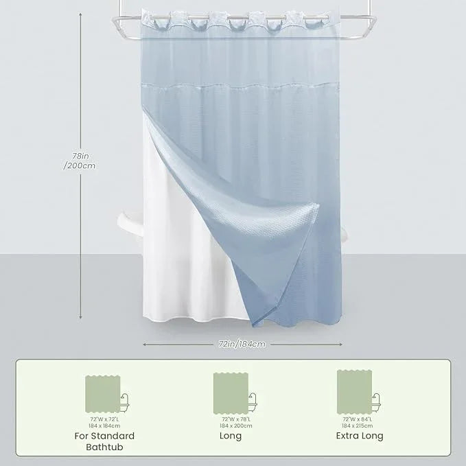Inhousolu Long No Hook Shower Curtain with Snap in Fabric Liner Set Waffle Weave 230GSM Weighted Hem, Waterproof & Washable Bathroom Curtain Spa Luxury with Mesh Top Window 72" W x 78" L Fog Blue - ModernBath