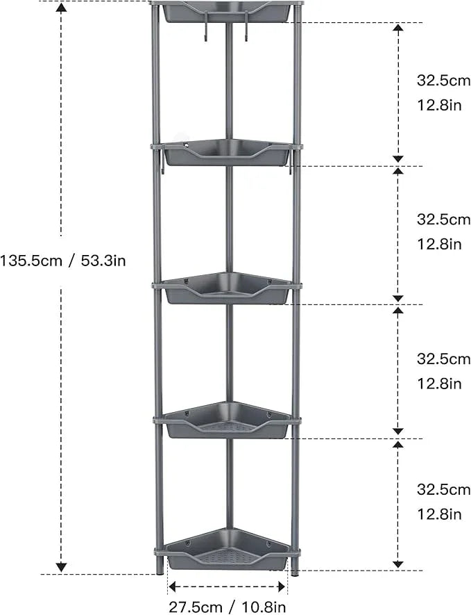 Orimade Rustproof 5 Tier Floor Standing Corner Shower Caddy Organizer, Plastic Metal Splicing Floor Corner Shelf Rack Stands for Bathroom, Grey - ModernBath