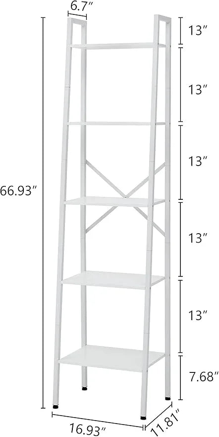 Hoctieon 5-Tier Industrial Ladder Bookshelf, Narrow Ladder Shelf, Tall Standing Bookshelf, Skinny Open Ladder Shelf, for Living Room, Home Office, Kitchen, Bedroom, Metal Frame, White - ModernBath