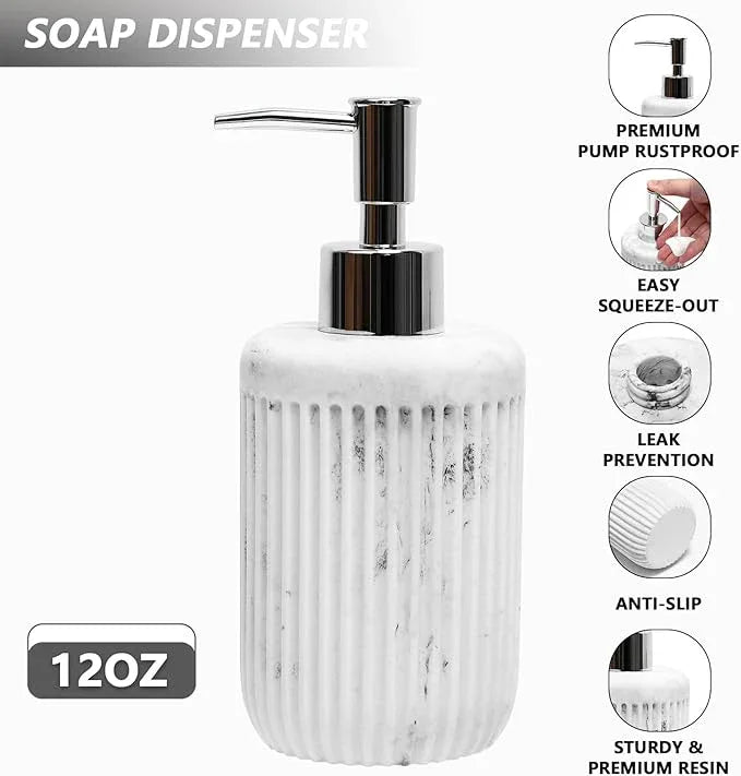 XLHOMO Resin White Marble Bathroom Accessories Set 5 Pcs, Lotion Soap Dispenser, Toothbrush Holder, Bathroom Tumbler, Qtip Holder and Vanity Tray, Bathroom Countertop Organizer Set for Home Apartment - ModernBath