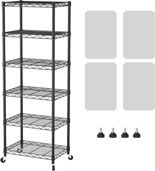 SINGAYE 6 Shelf Storage Wire Shelves Closet Bathroom Organizers Metal Pantry Kitchen Small Garage Shelving Unit Laundry Room Organization Home Narrow Rack Net Basket with Wheels Black - ModernBath