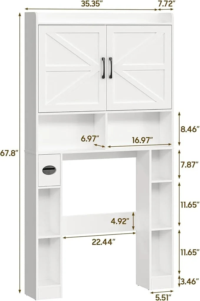 Over The Toilet Storage Cabinet, Farmhouse Toilet Cabinet Rack with Barn Doors, Space Saving Bathroom Organizer with Shelves, Toilet Paper Holder and Towel Rack for Bathroom,Restroom,Laundry（White） - ModernBath