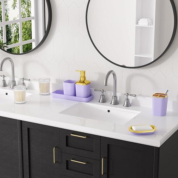 XLHOMO Purple Bathroom Accessories Set, Purple and Gold Bathroom Accessories with Trash Can, Soap Dispenser, Soap Dish, Toothbrush Holder and Q-tip Holders - ModernBath
