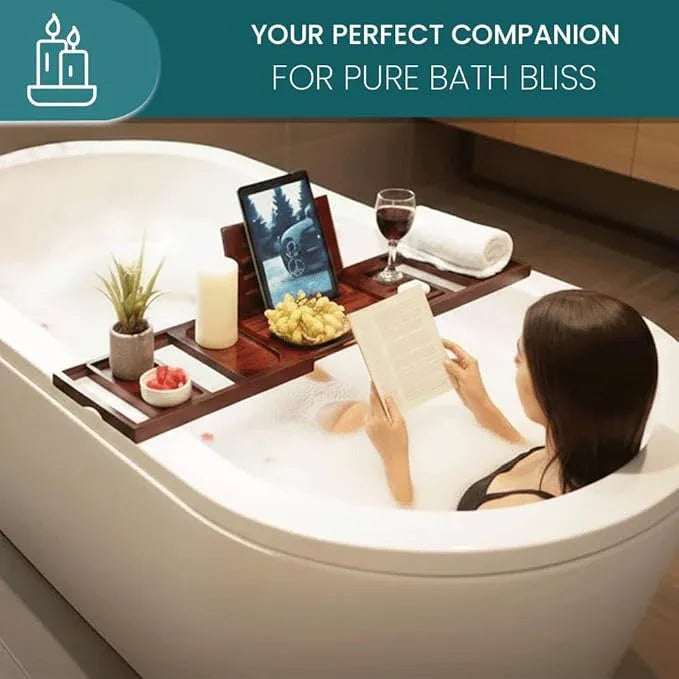 Rynex Bathtub Tray – Foldable & Waterproof Bath tub Tray Caddy with Phone, Wine & Book Holder, Tub Tray –Adjustable Luxury Bath Tray for Tub Relaxation, Home Decor & Gifts – Bamboo Wood - ModernBath