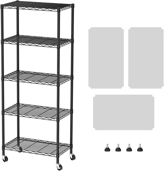 SINGAYE 5 Shelves Storage Shelf Wire Closet Bathroom Organizers Metal Pantry Kitchen Garage Shelving Unit Laundry Room Organization Home Rack Net Basket Black with Wheels - ModernBath