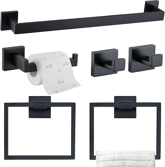 TQKAG 6-Piece Bathroom Towel Bar Sets Matte Black 23.6 inch Towel Bar Stainless Steel Towel Ring Coat Hook and Toilet Paper Holder Bathroom Hardware Set Wall Mounted Bathroom Accessories Kit - ModernBath