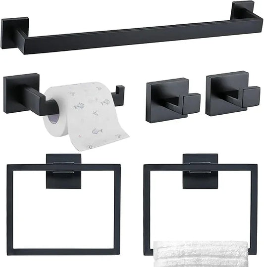 TQKAG 6-Piece Bathroom Towel Bar Sets Matte Black 23.6 inch Towel Bar Stainless Steel Towel Ring Coat Hook and Toilet Paper Holder Bathroom Hardware Set Wall Mounted Bathroom Accessories Kit - ModernBath