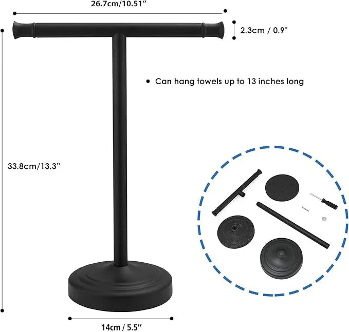 RUMOSE 13 Inch Matte Black Towel Stand Hand Towel Holder Bathroom Kitchen Vanity Countertop T-Shape Towel Rack Free Standing Stainless Steel Towel Bar Towel Ring - ModernBath