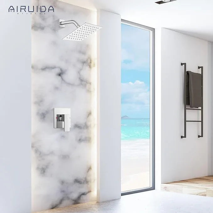 Airuida Shower Faucet Set Bathroom Rain Shower System SUS304 Stainless Steel Single Handle With Male Threads Rough-in Valve Shower Trim Kit 6 Inch Wall Mount Shower Head Chrome Polish - ModernBath