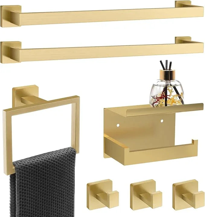 7 Piece Gold Bathroom Hardware Set with Brushed Gold Bathroom Accessories - Square 2 Towel Bars Towel Rack Stainless Steel 23-Inch - ModernBath