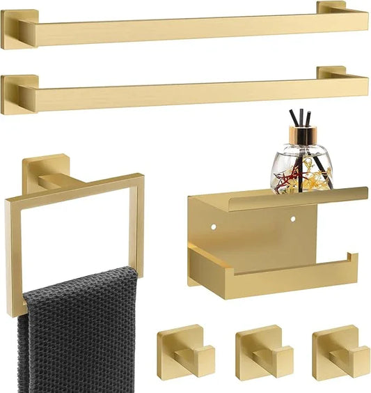7 Piece Gold Bathroom Hardware Set with Brushed Gold Bathroom Accessories - Square 2 Towel Bars Towel Rack Stainless Steel 23-Inch - ModernBath