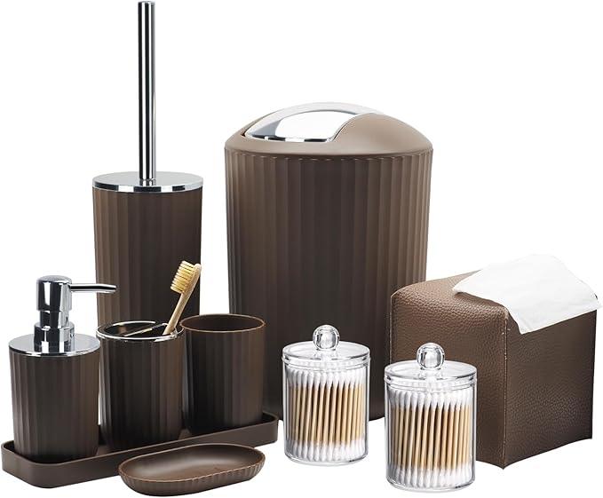Bathroom Accessory Set - 10 Piece Brown Bathroom Accessories Set with Trash Can, Toothbrush Holder and Cup, Soap Dispenser, Soap Dish, Toilet Brush Holder, Vanity Tray, Qtip Holder, Tissue Box Cover - ModernBath