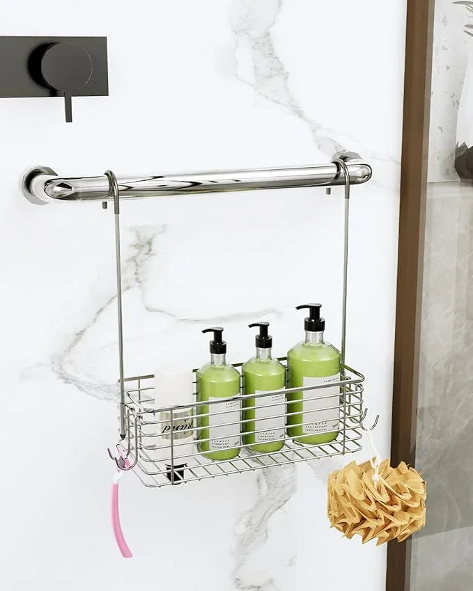 QIHS Over Door Shower Caddy, Stainless Steel Bathroom Organizer with Rotating Hooks, Hanging Storage Basket for Shampoo - ModernBath