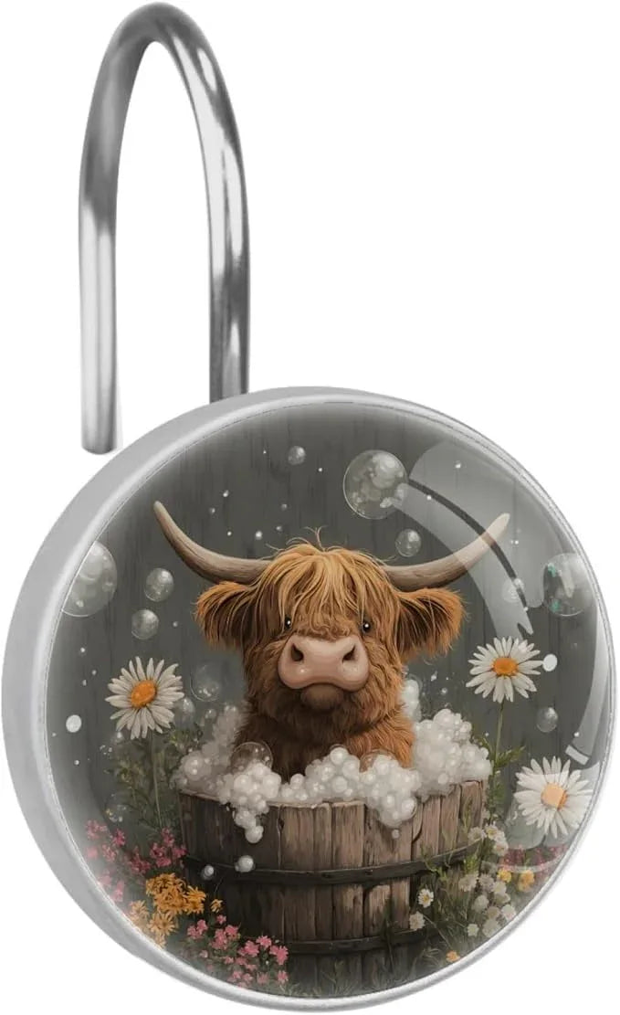 Rural Bathing Highland Cow Shower Curtain Hooks 12Pcs, Decorative Rust Resistant Shower Rings for Shower Curtain Rods, Stainless Steel Round Curtain Hooks for Bathroom, Bedroom, Farmhouse - ModernBath