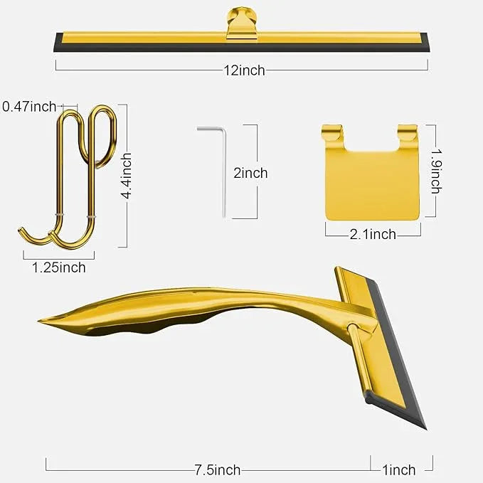 TOOVEM 12 Inch Shower Squeegee for Glass Doors, Window, Bathroom, Car Windshield, Shower Cleaning Tools with S Hook, Square Sticky Hook（Gold） - ModernBath