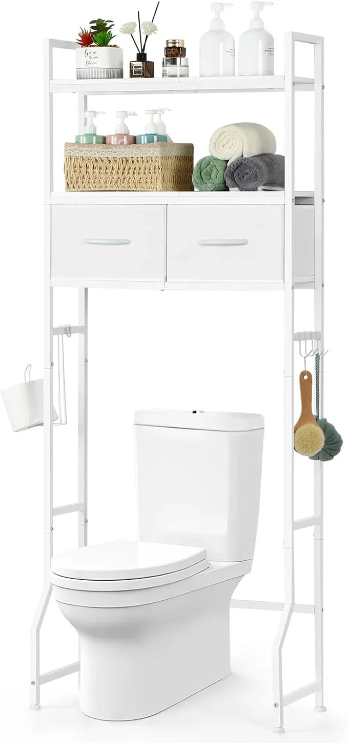 YBING Over The Toilet Storage Cabinet, Over Toilet Bathroom Organizer with Drawer, Above Toilet Stand with Roll Holder and Hooks, Over Toilet Storage Shelf Cabinet, Wooden, White - ModernBath