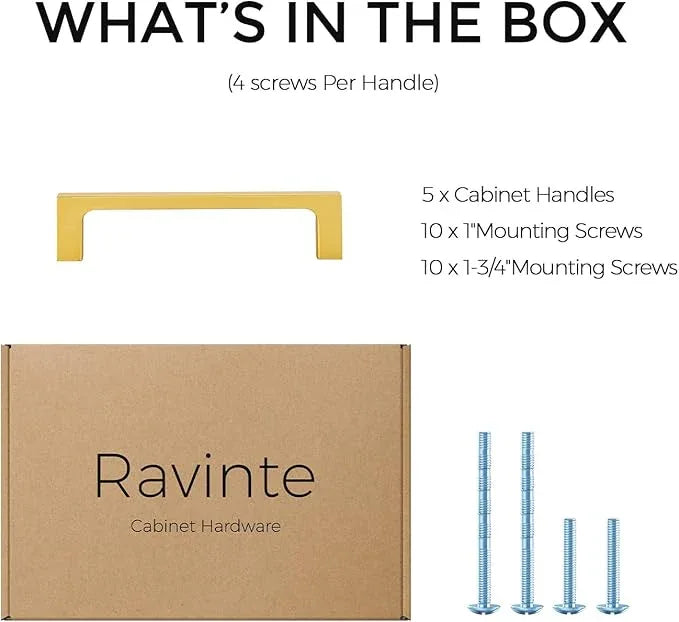 Ravinte 5 Pack Solid 4 Inch Kitchen Square Cabinet Handles Brushed Brass Cabinet Pulls Drawer Pulls Kitchen Cabinet Hardware Handles - ModernBath