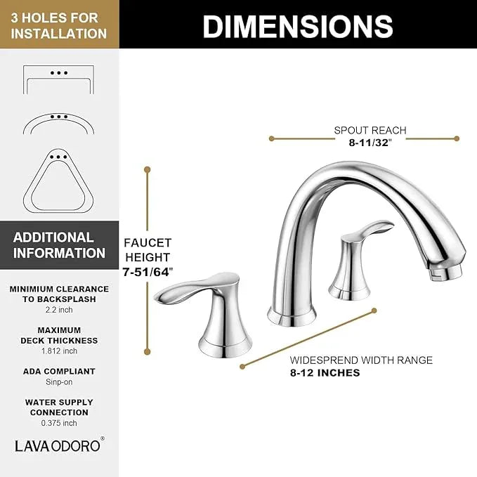 Chrome Roman Tub Faucet, Lava Odoro Chrome Bathtub Faucet with Valve, High Flow 2 Handle Deck Mount Tub Faucet, Solid Brass 8 inch Widespread 3 Hole Tub Filler TF405-C - ModernBath