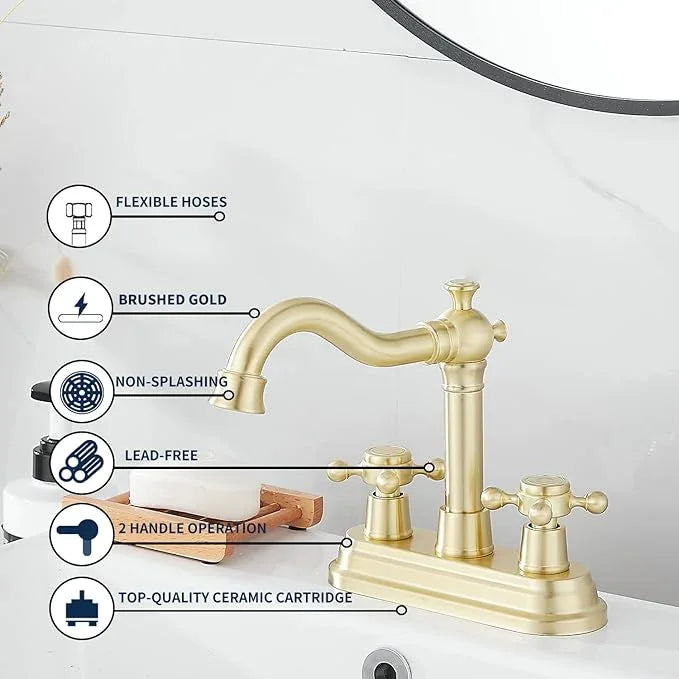 Bathroom Faucet Brushed Gold GGStudy 2 Handles 4 Inches Centerset Bathroom Vanity with Drain Assembly and Supply Hose Lavatory Mixer Double Handle Tap - ModernBath
