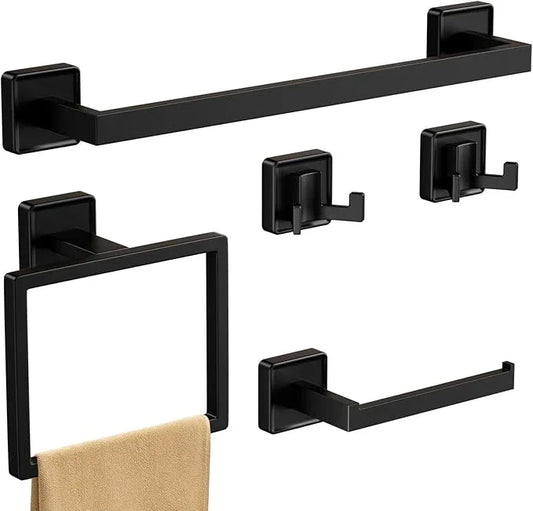 SHUNLI 5-Pieces Matte Black Bathroom Hardware Accessories Set, SUS304 Stainless Steel Towel Bar, Toilet Paper Holder, Bathroom Towel Holder with Wall Mounted - ModernBath