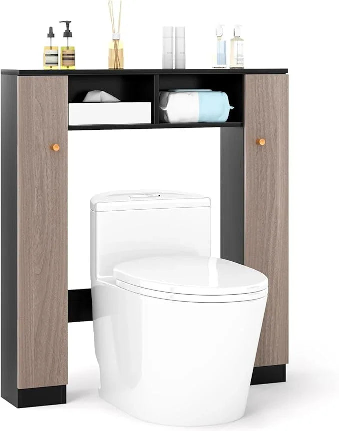 Giantex Over The Toilet Storage Cabinet, Double Door Freestanding Bathroom Organizer w/ 2 Open Compartments & 4 Adjustable Shelves, Bathroom Space Saver, Laundry Room Storage Rack (Black+Oak) - ModernBath