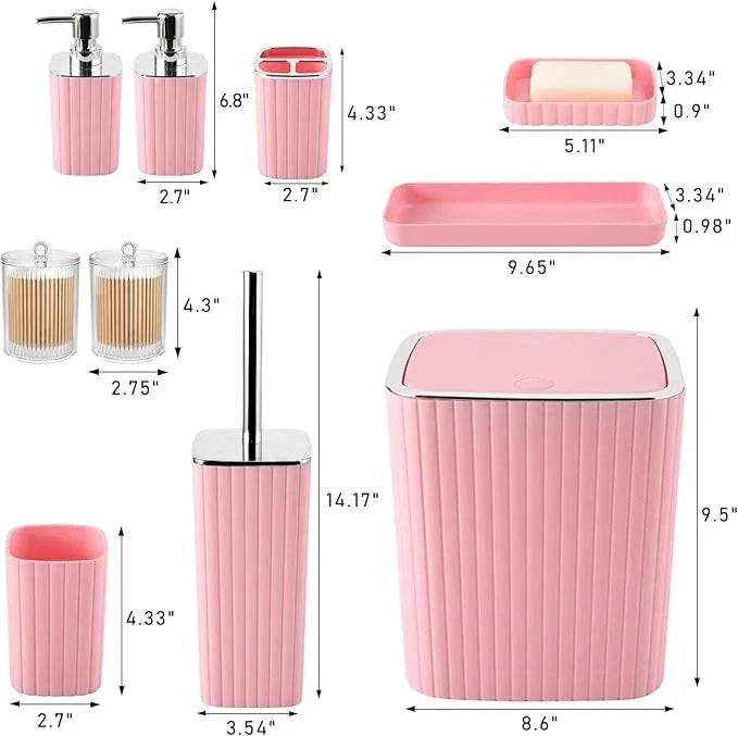 XLHOMO Pink Bathroom Accessories Set - Gorgeous Bathroom Set, 10PC Bathroom Accessory Set, Toilet Brush, Trash Can, Qtip Holder Dispenser & Soap Dispenser - ModernBath
