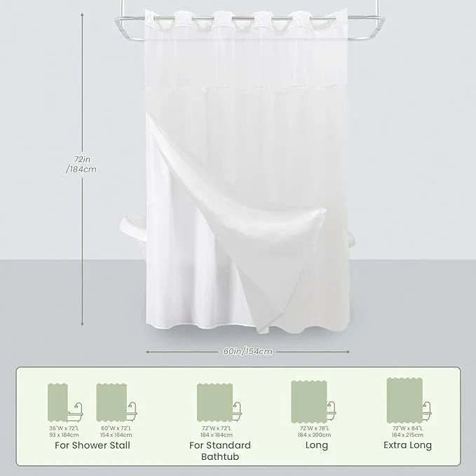 Inhousolu Stall No Hook Shower Curtain with Snap in Fabric Liner Set Waffle Weave 230GSM Weighted Hem, Waterproof & Washable Bathroom Curtain Spa Luxury with Mesh Top Window 60" W x 72" L White - ModernBath