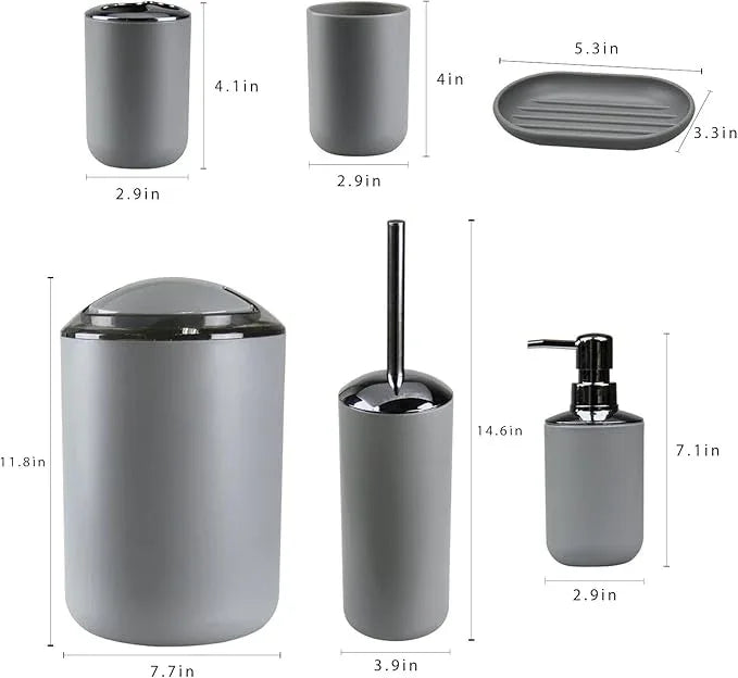 IMAVO Bathroom Accessories Set,Grey Bathroom Set,7 Pieces Bathroom Accessory Set,Tray,Toilet Brush,Trash Can for Bathroom Décor and Housewarming Gifts - ModernBath