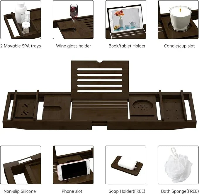 Bamboo Bathtub Tray for Luxury Bathroom, Expandable Premium Bath Tray w/Soap Towel Book Holder, Adjustable Bath Accessories for Tub,Extendable Tub Tray w/Wine Glass Cup Organizer 29.5-43.3" Espresso - ModernBath