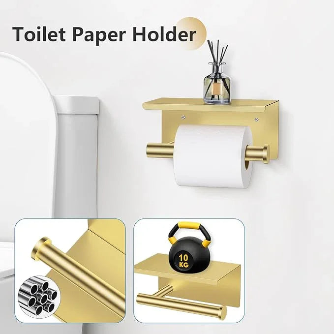 TNOMS 5-Piece Towel Bar Set Brushed Gold Bathroom Hardware Accessories Set Include 23.6in Towel Bar Toilet Paper Holder Towel Ring Towel Hooks Stainless Steel Towel Holder Set Wall Mounted - ModernBath