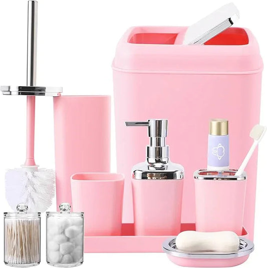 XLHOMO Pink Bathroom Accessory Set, Plastic Bathroom Set with Tray, Soap Dispenser, Toothbrush Holder, Toothbrush Cup, Soap Dish, Toilet Brush, Trash Can and Q-tip Holders for Bathroom/Housewarming - ModernBath