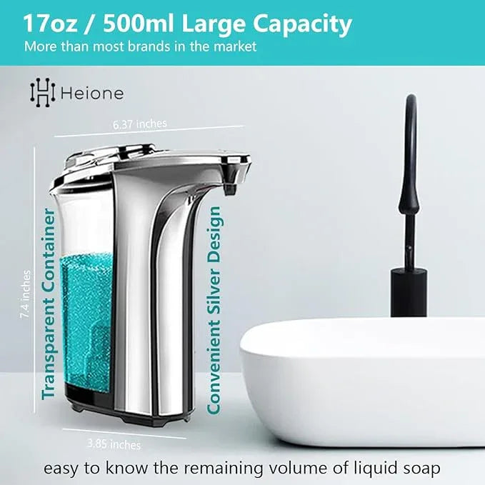 Heione Automatic Soap Dispenser Touchless - Battery Operated Sensor Liquid Soap Pump for Kitchen Sink & Bathroom - Silver Glossy Color, 5 Adjustable Levels, IPX4 Waterproof, 17oz / 500ml - ModernBath