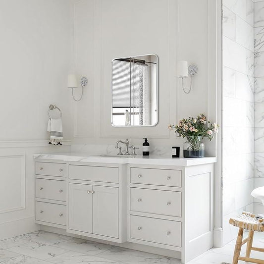 Minuover Wall Mount Mirror for Bathroom, Brushed Silver Metal Framed Rounded Corner Rectangular Vanity Mirror (18" x 24", Silver) - ModernBath