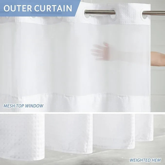 Furlinic Waffle Weave No Hook Shower Curtain with Snap in Fabric Liner Set,Heavy Duty Textured Bathroom Curtain with See Through Window,Waterproof & Machine Washable,Hotel Style,White,71x75 Inch - ModernBath