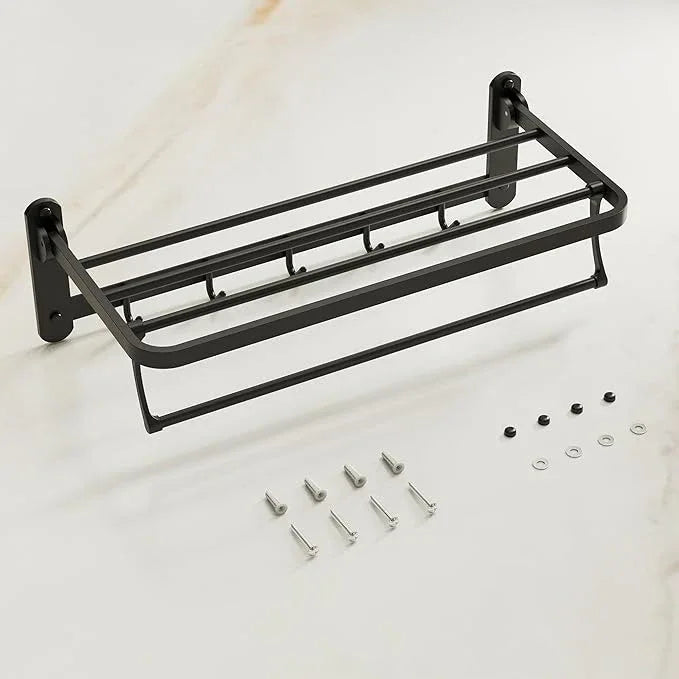 Bathroom Towel Rack with Storage Shelf and 5 Hooks, 23.6 in Foldable Towel Shelf Bar, Wall Mounted Lavatory Organizer，Matte Black - ModernBath