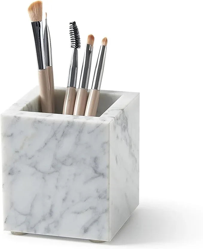 Real Natural Marble Toothbrush Holder & Pen Holder & Makeup Brush Holder, Genuine Stone Rectangular Bathroom Tumbler Cup, Durable Office & Home Countertop Organizer - ModernBath