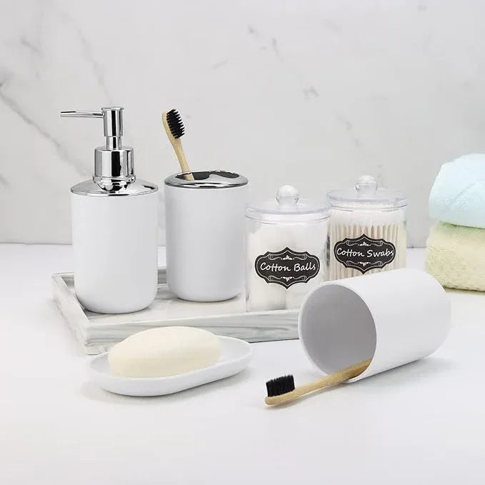 White Bathroom Set,9 Piece Bathroom Accessories Set,Tray,Soap Dispenser,Toothbrush Holder,Toothbrush Cup,Soap Dish,Toilet Brush,Qtip Holders,Trash Can for Bathroom Décor and Housewarming Gifts - ModernBath