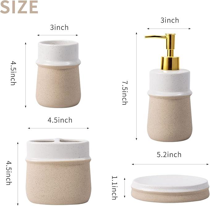 Bathroom Accessories Set,Farmhouse Bathroom Decor,4 Pcs Ceramic Gift Set Apartment Necessities, Contain Toothbrush Cup,Soap Dispenser,Soap Dish,Tumbler,Beige - ModernBath