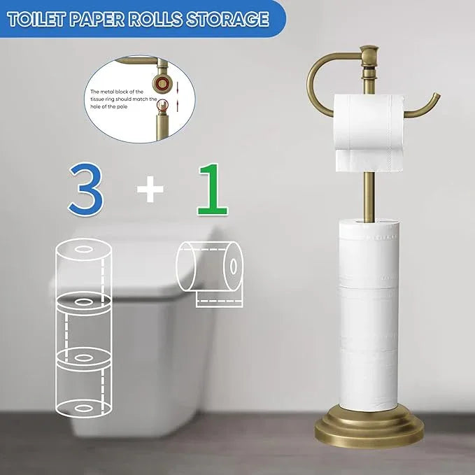 RUMOSE Toilet Paper Holder Stand for Floor,Antique Brass Adjustable (12.4" to 22.8") Bathroom Toilet Tissue Holder, Free Standing Paper Roll Holder with Storage, Stainless Steel - ModernBath